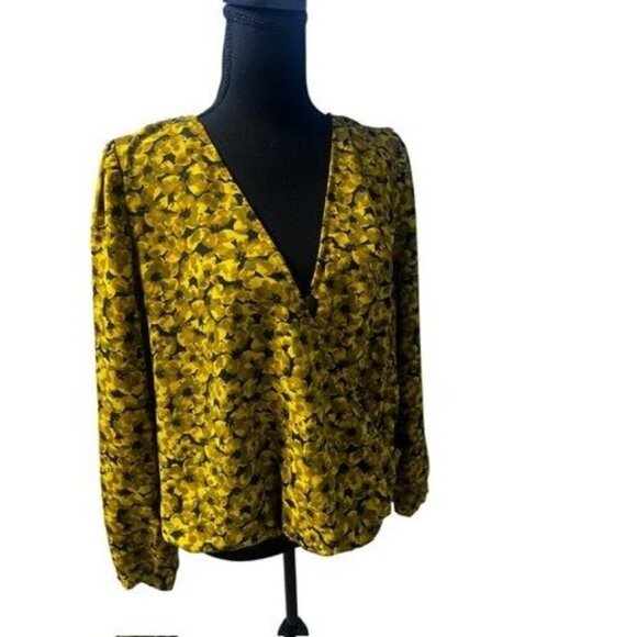 A. New Day Yellow Floral Long Sleeve V-Neck Wrap Blouse, Work Atire, OFFICE ATTI - Picture 2 of 15